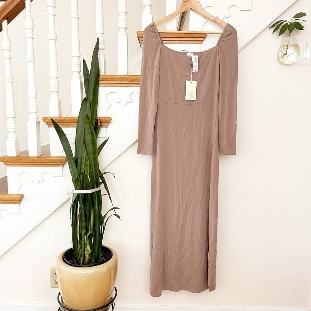 NWT Aritzia Wilfred Chablis Maxi Dress Taupe Long Sleeve Square Neckline Size S